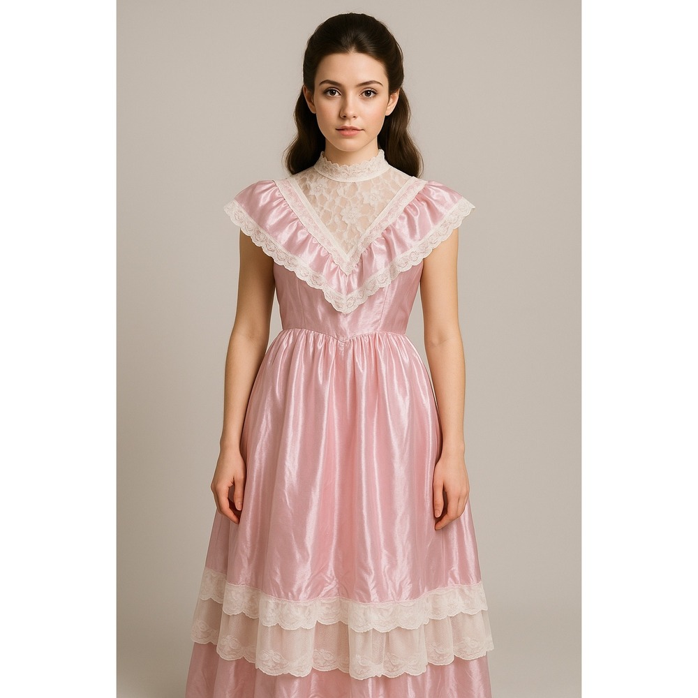 Vintage Pink Satin Lace Southern Belle Gown Dress Small High Neck Cape Collar